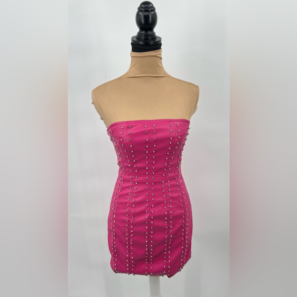 Faux leather hot pink rhinestone mini dress S Barbiecore party club Vegas Bday - Picture 2 of 16